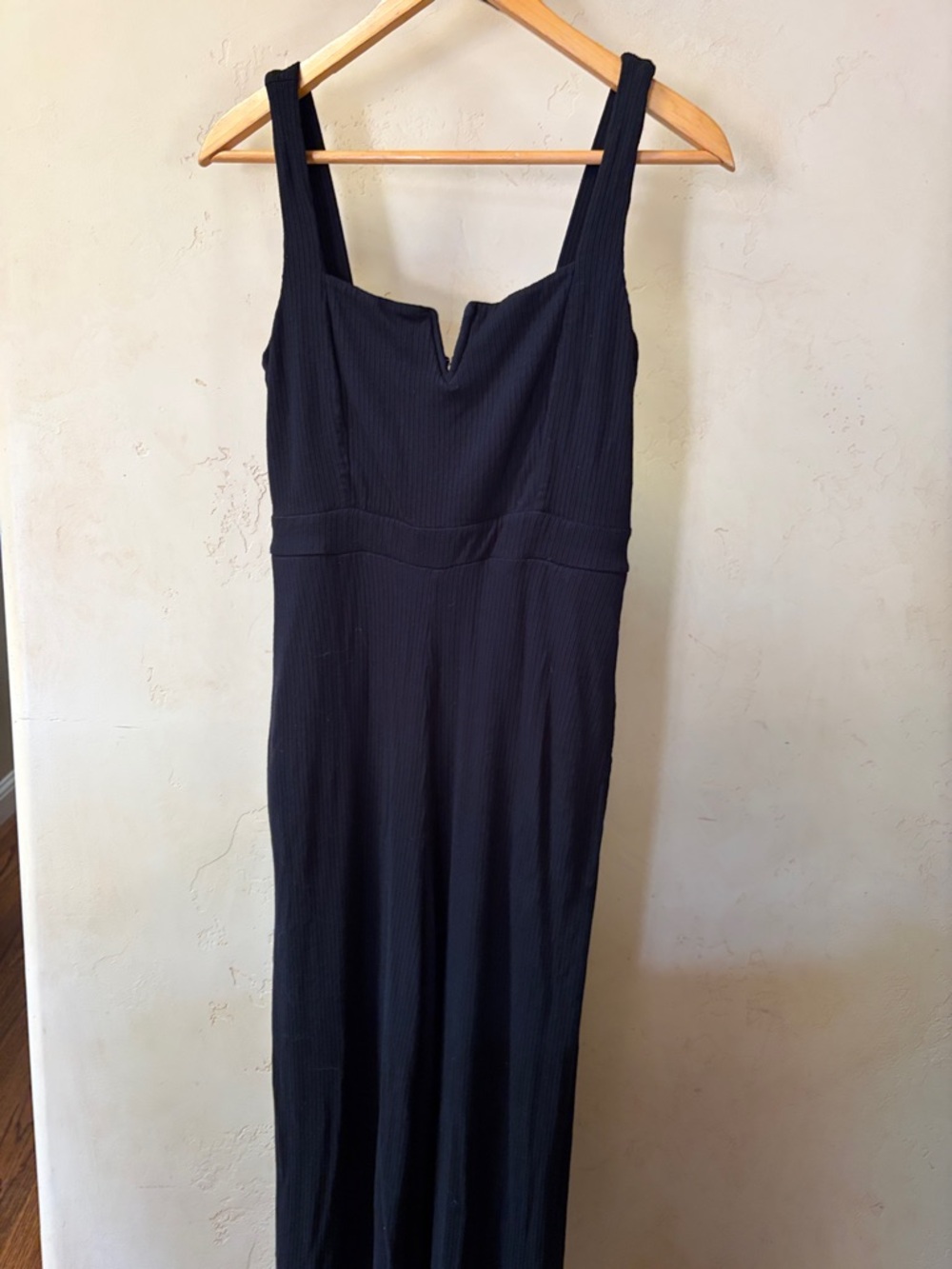 l*space Sz L Black Ribbed Jumpsuit with Square V-Notch Neckline